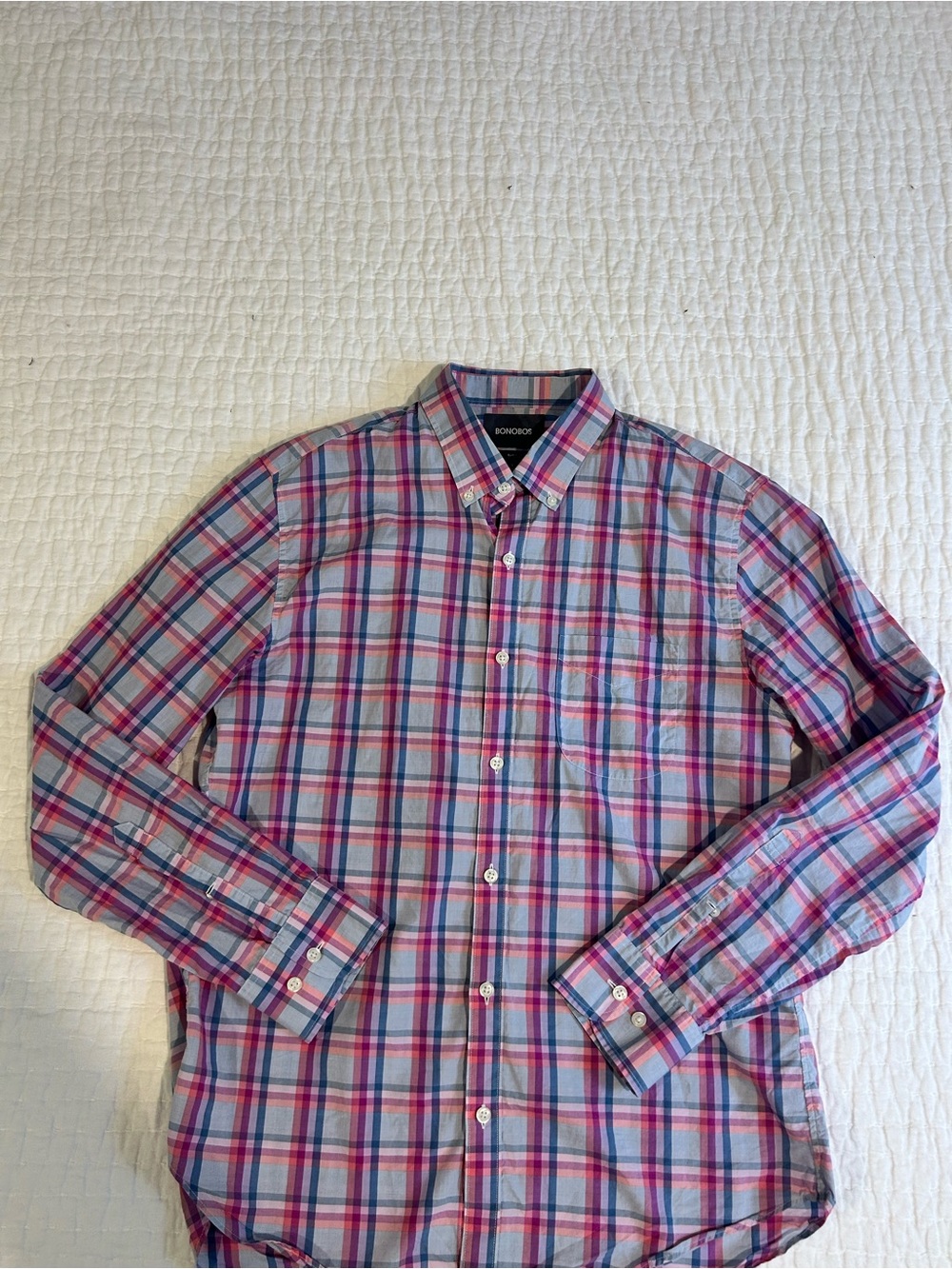 Mens Large BONOBOS pINK bLUE Plaid Button-Down sLIM fit Dress Shirt